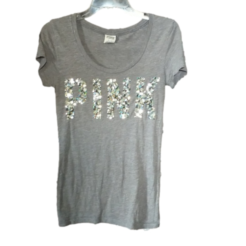 PINK VICTORIA'S SECRET size xs grey logo t-shirt with sequined "PINK"